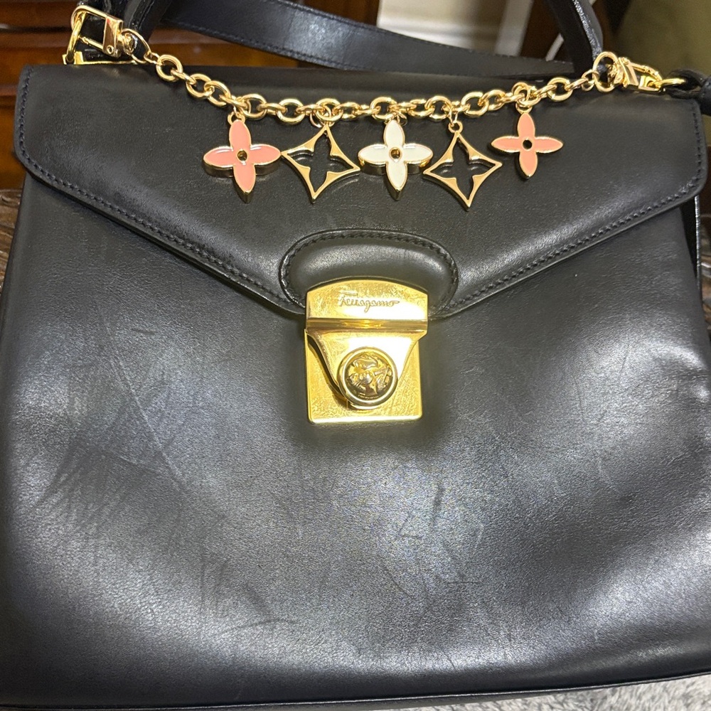 EUC Ferragamo Elegant Black Leather Handbag with Gold Accents - Picture 16 of 16